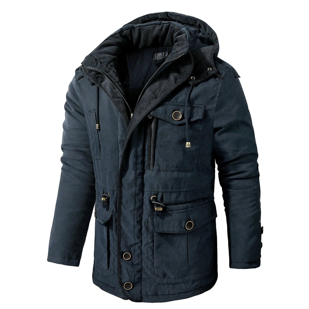 Warm windproof winter jacket with hood for men