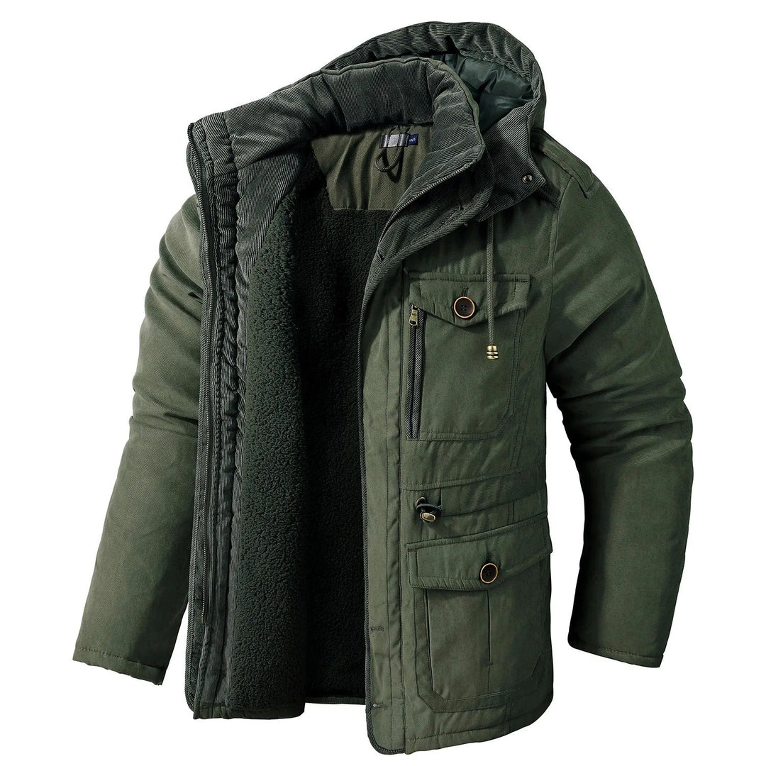 Warm windproof winter jacket with hood for men