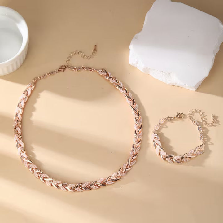 Rose Gold Leaf Chain Necklace &amp; Bracelet Set