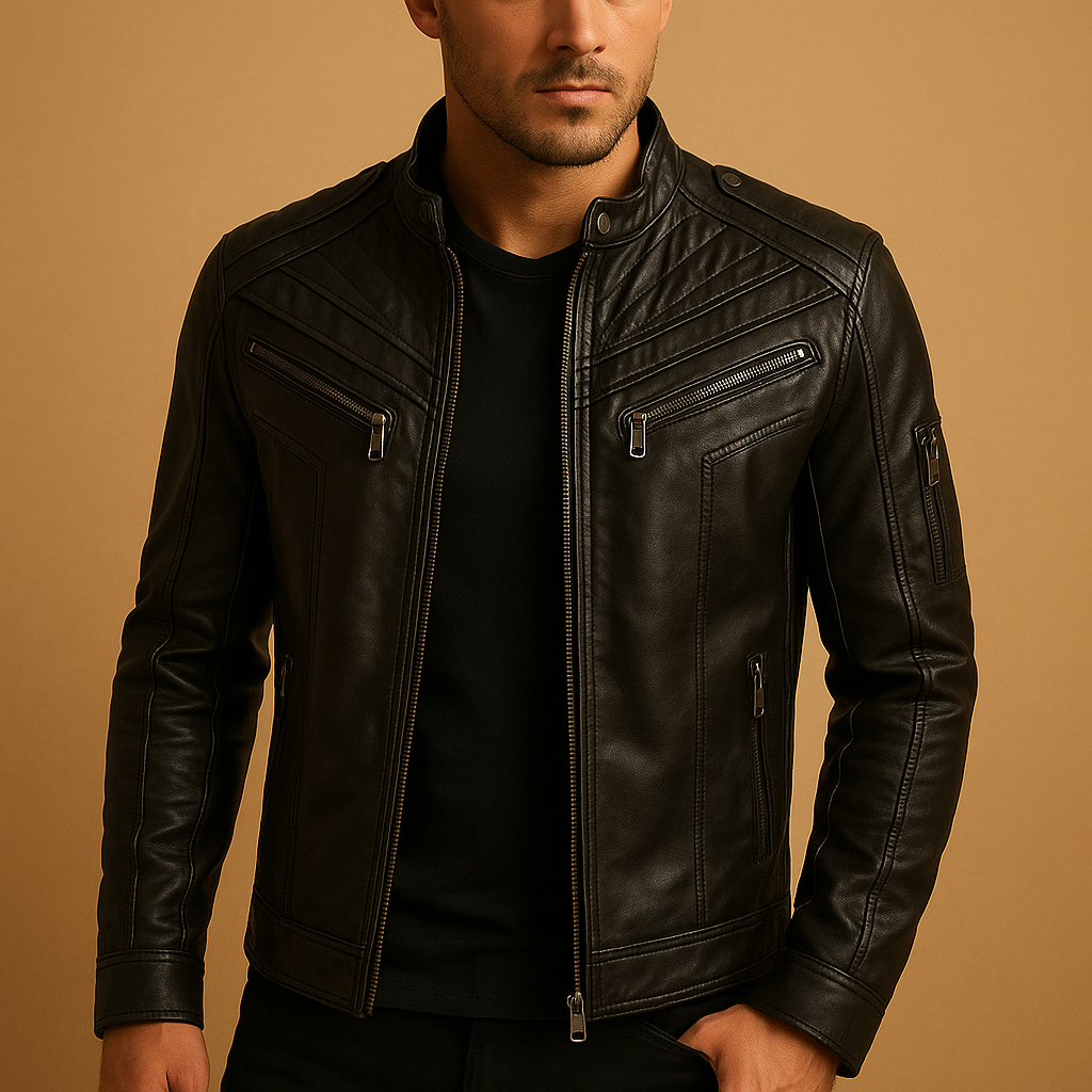 Padded Leather jacket with stand-up collar for men