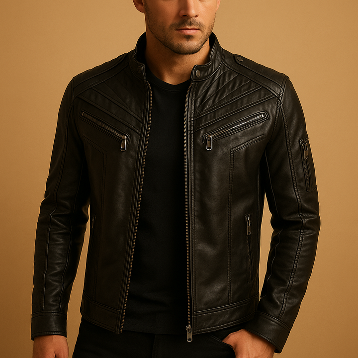 Padded Leather jacket with stand-up collar for men