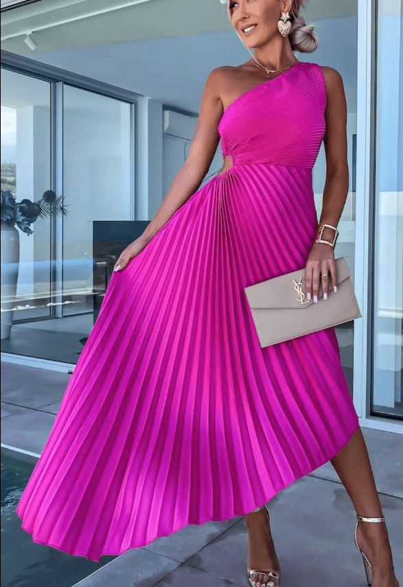 Women’s Wedding Guest Dress One Shoulder Pleated Maxi Dress
