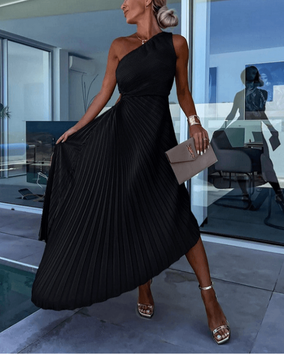 Women’s Wedding Guest Dress One Shoulder Pleated Maxi Dress