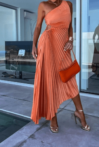 Women’s Wedding Guest Dress One Shoulder Pleated Maxi Dress