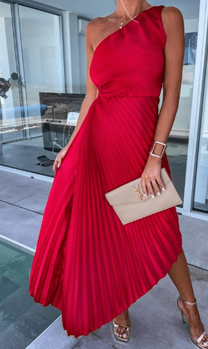 Women’s Wedding Guest Dress One Shoulder Pleated Maxi Dress