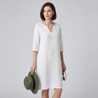 Jessica - Women's Split-Neck Linen Shift Dress with 3/4 Sleeves