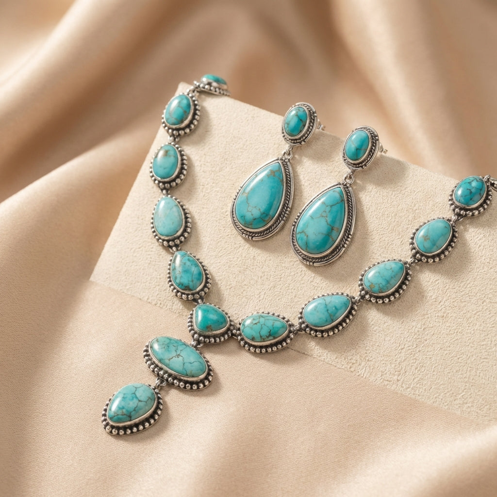 Elegant Vintage Turquoise Statement Necklace &amp; Earrings