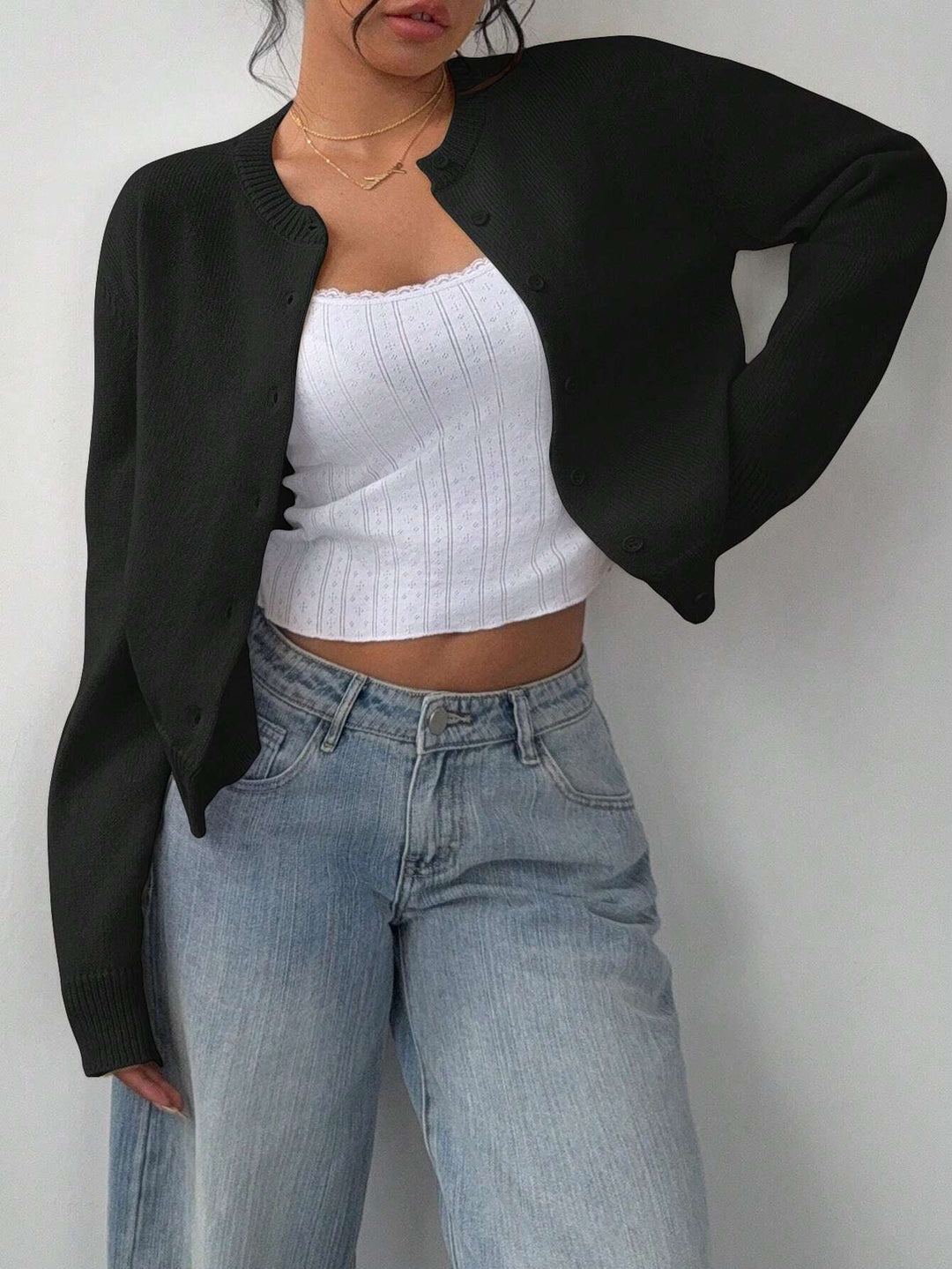 Cropped Cardigan – Knitted Slim Fit Long Sleeve Women&