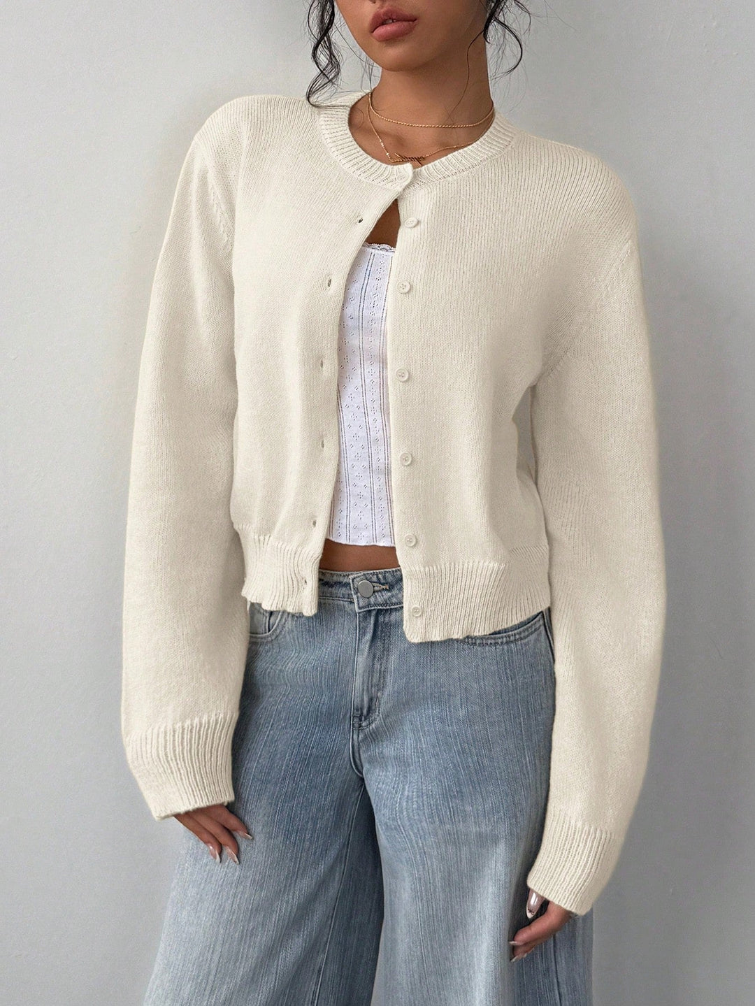 Cropped Cardigan – Knitted Slim Fit Long Sleeve Women&