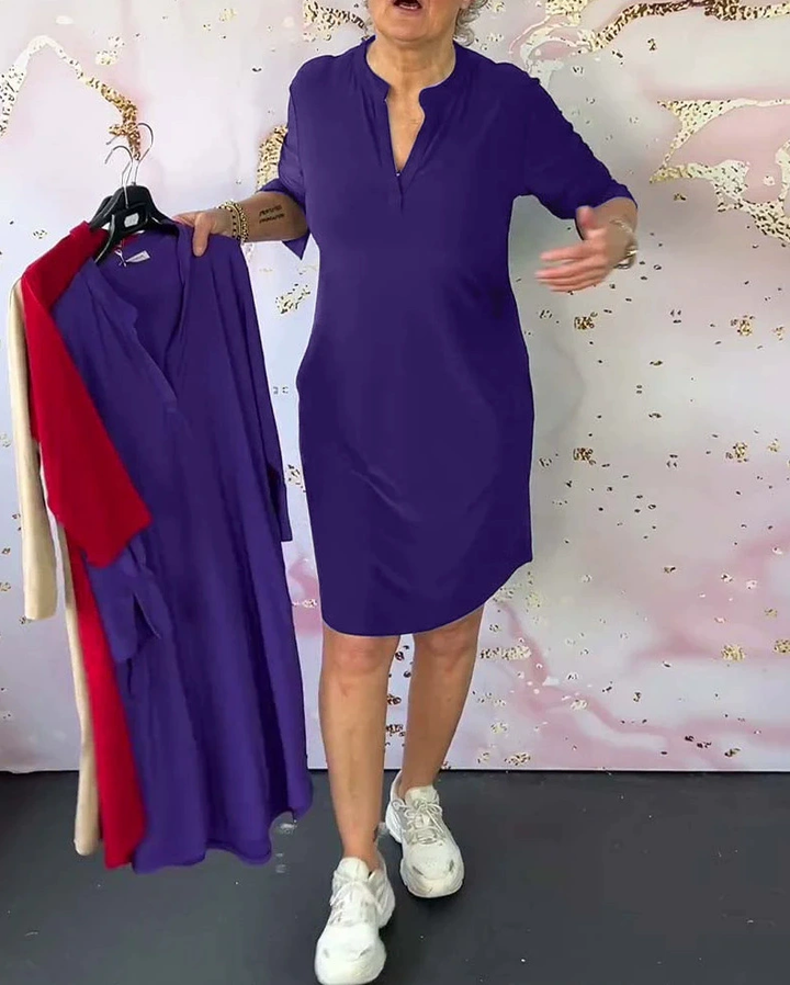 HANNEKE - Solid Dress With V Neck