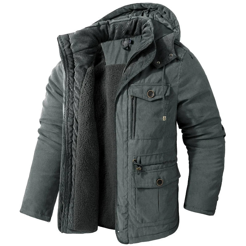 Warm windproof winter jacket with hood for men