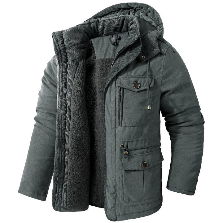 Warm windproof winter jacket with hood for men
