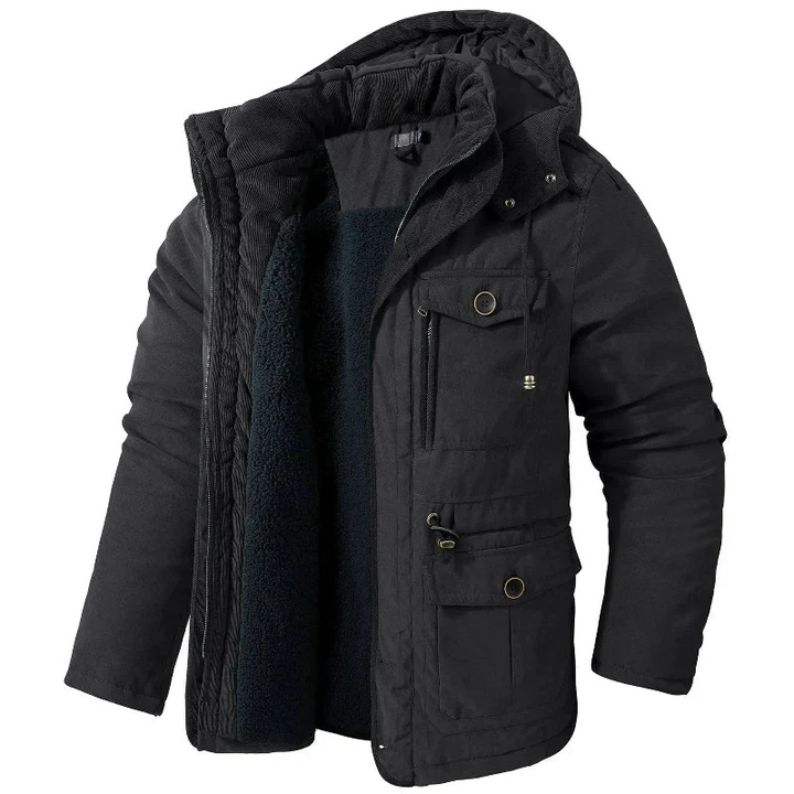 Warm windproof winter jacket with hood for men