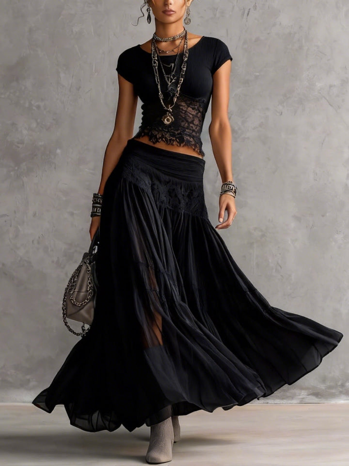 Maya | Lace-Paneled Top &amp; Pleated Chiffon Maxi Skirt