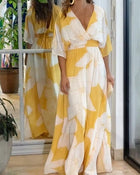 Angela - Oversized Floral Print V-Neck Flutter Sleeve Maxi Dress