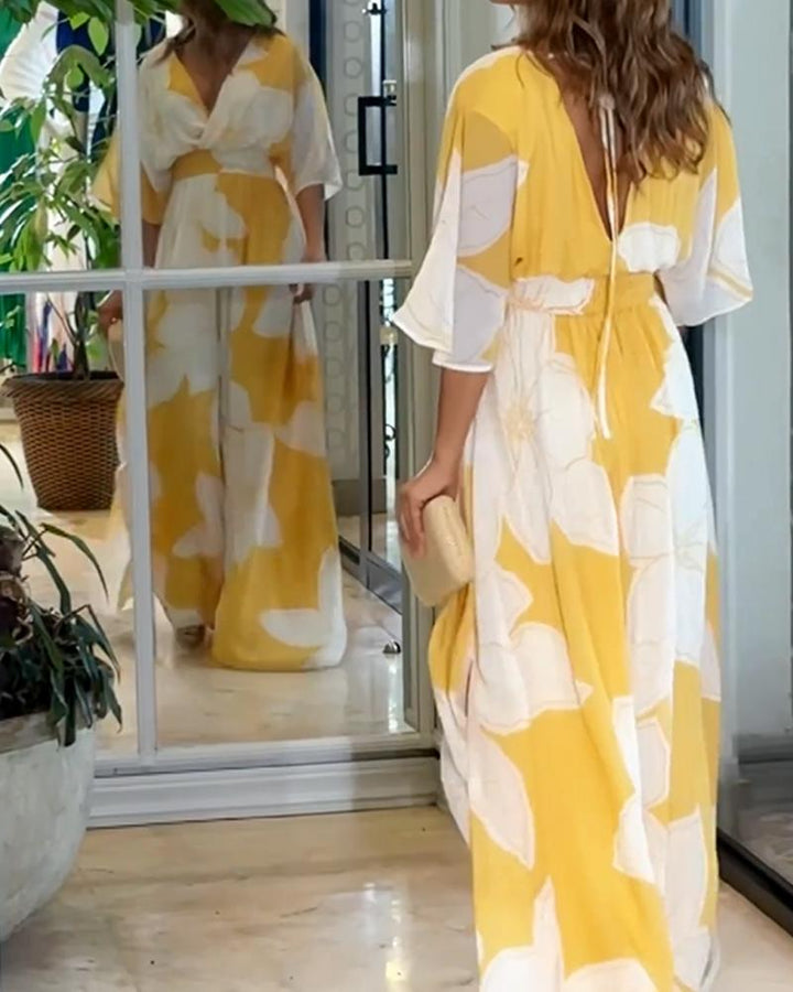 Angela - Oversized Floral Print V-Neck Flutter Sleeve Maxi Dress