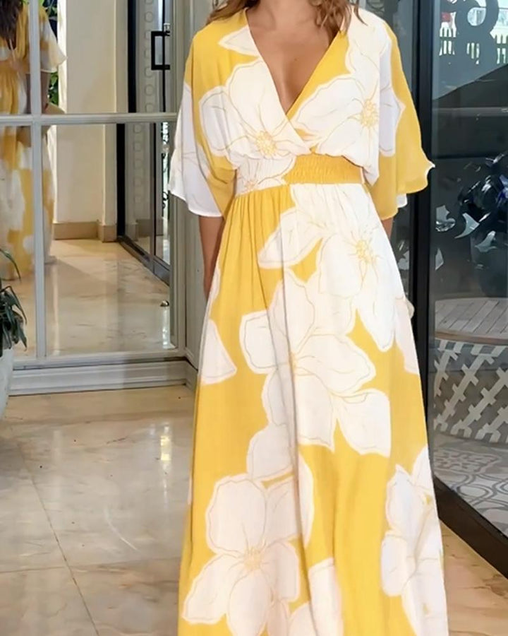 Angela - Oversized Floral Print V-Neck Flutter Sleeve Maxi Dress