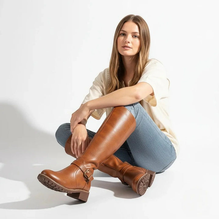 Knee-High Boots For Women | Leather Buckle Side Zip