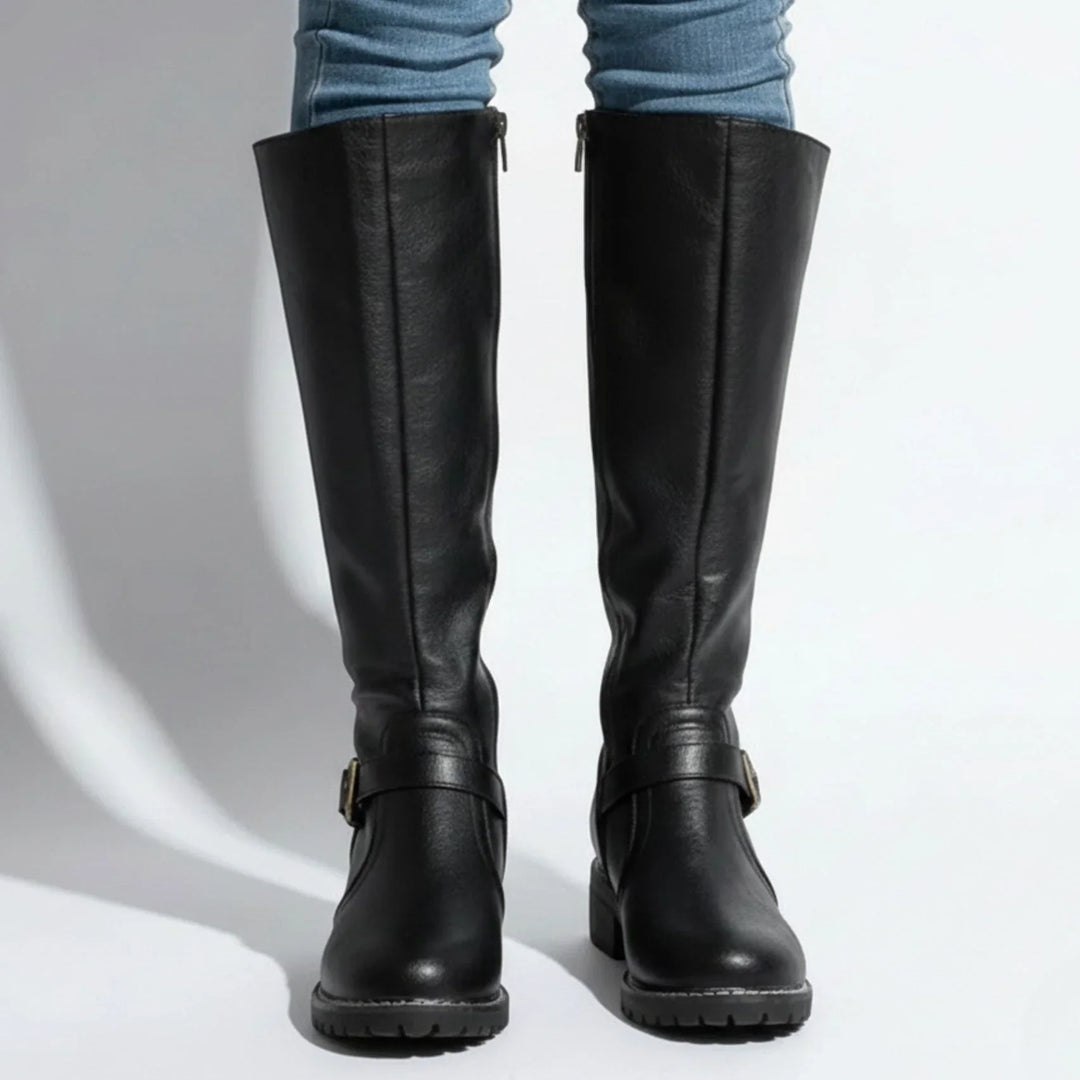 Knee-High Boots For Women | Leather Buckle Side Zip