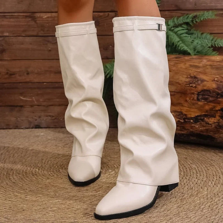 Knee High Boots For Women | Pointed Toe Fold Over Buckle