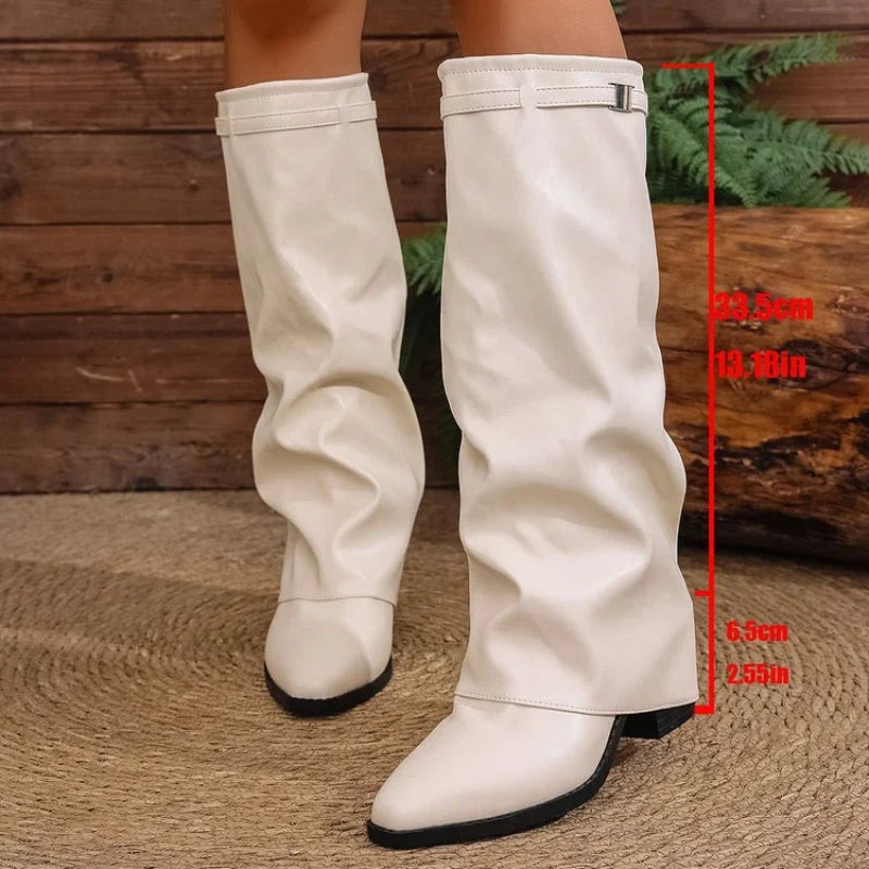Knee High Boots For Women | Pointed Toe Fold Over Buckle