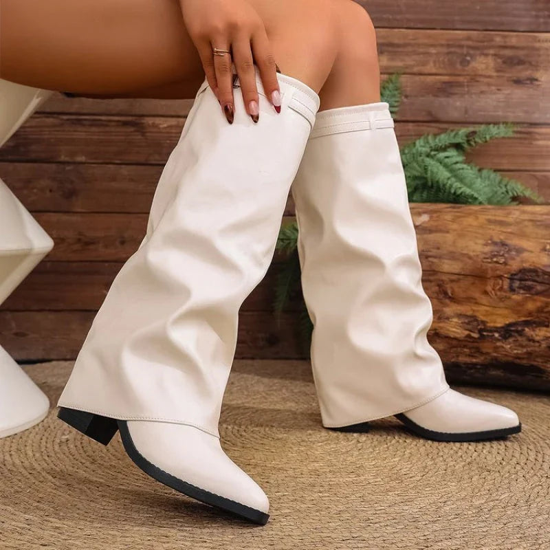 Knee High Boots For Women | Pointed Toe Fold Over Buckle
