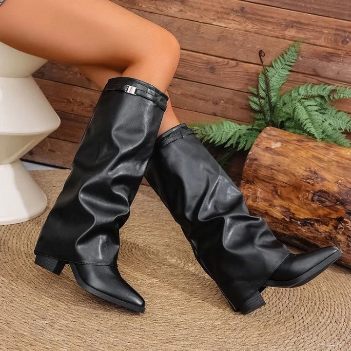 Knee High Boots For Women | Pointed Toe Fold Over Buckle