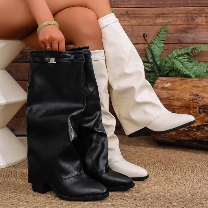 Knee High Boots For Women | Pointed Toe Fold Over Buckle