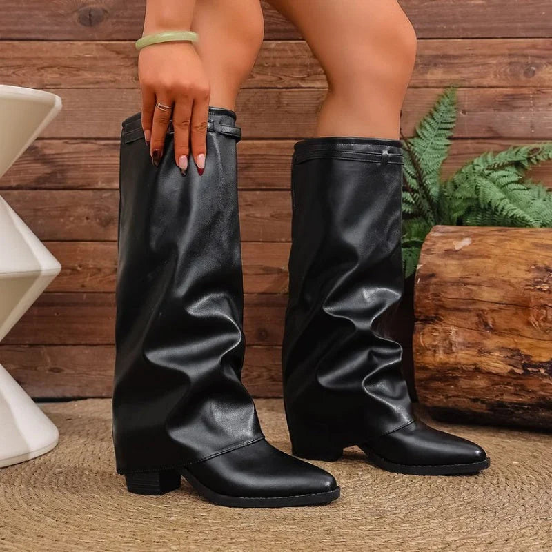 Knee High Boots For Women | Pointed Toe Fold Over Buckle