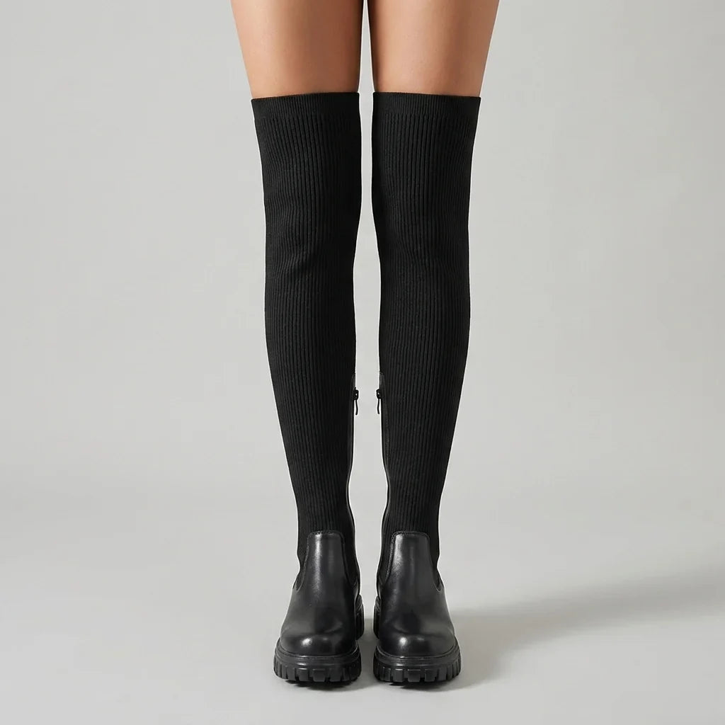 Knee High Boots For Women | Ribbed Knit Vegan Leather Lug Sole Zipper