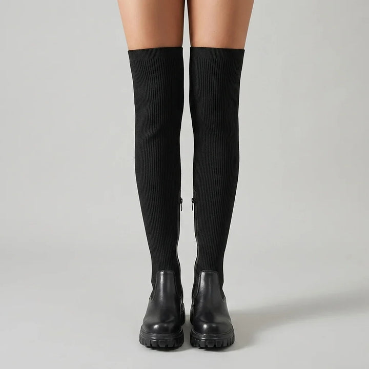 Knee High Boots For Women | Ribbed Knit Vegan Leather Lug Sole Zipper
