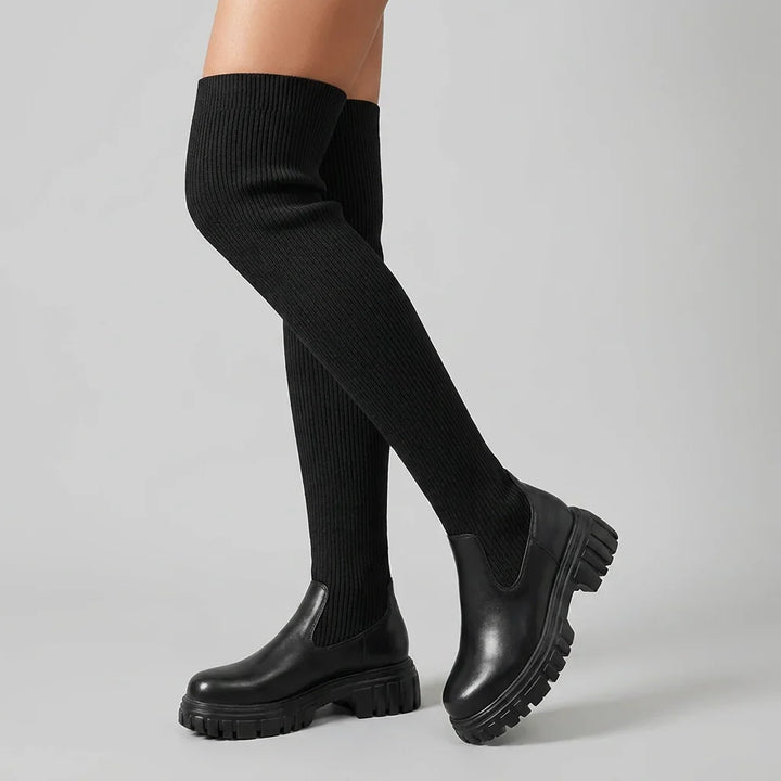 Knee High Boots For Women | Ribbed Knit Vegan Leather Lug Sole Zipper