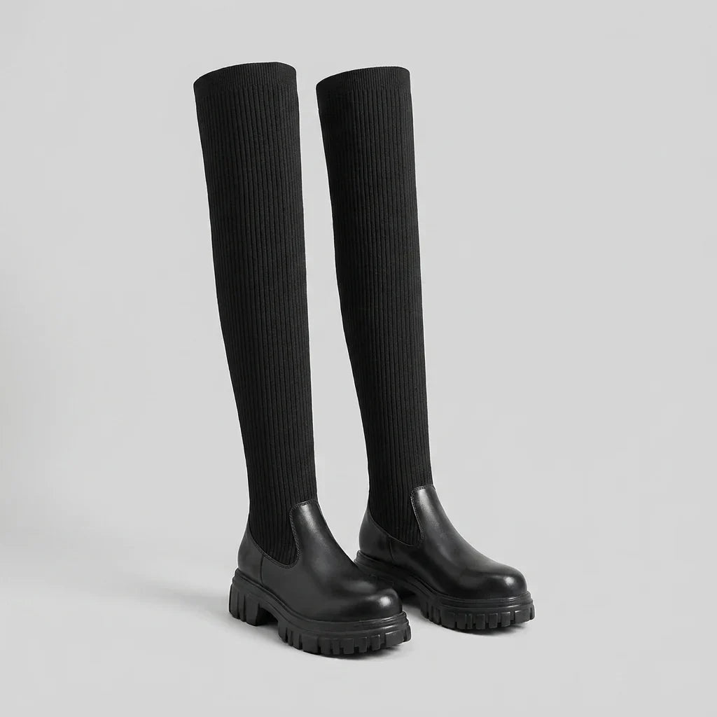 Knee High Boots For Women | Ribbed Knit Vegan Leather Lug Sole Zipper