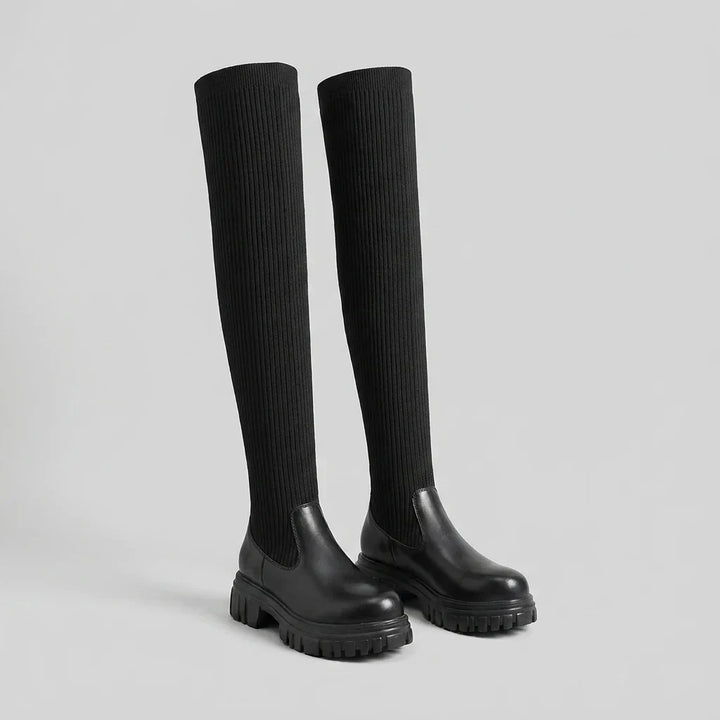 Knee High Boots For Women | Ribbed Knit Vegan Leather Lug Sole Zipper