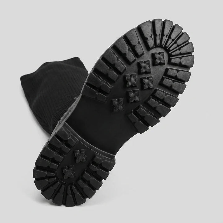 Knee High Boots For Women | Ribbed Knit Vegan Leather Lug Sole Zipper