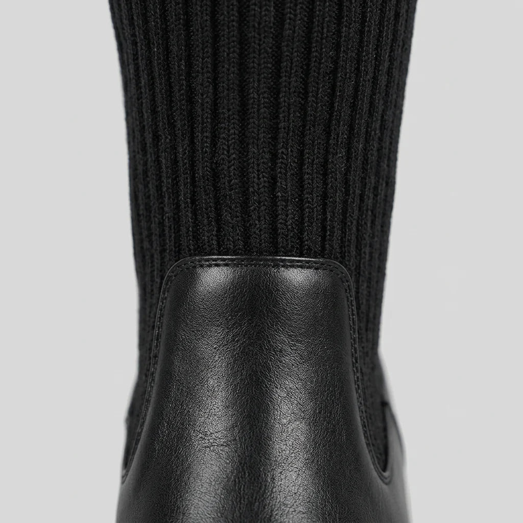 Knee High Boots For Women | Ribbed Knit Vegan Leather Lug Sole Zipper