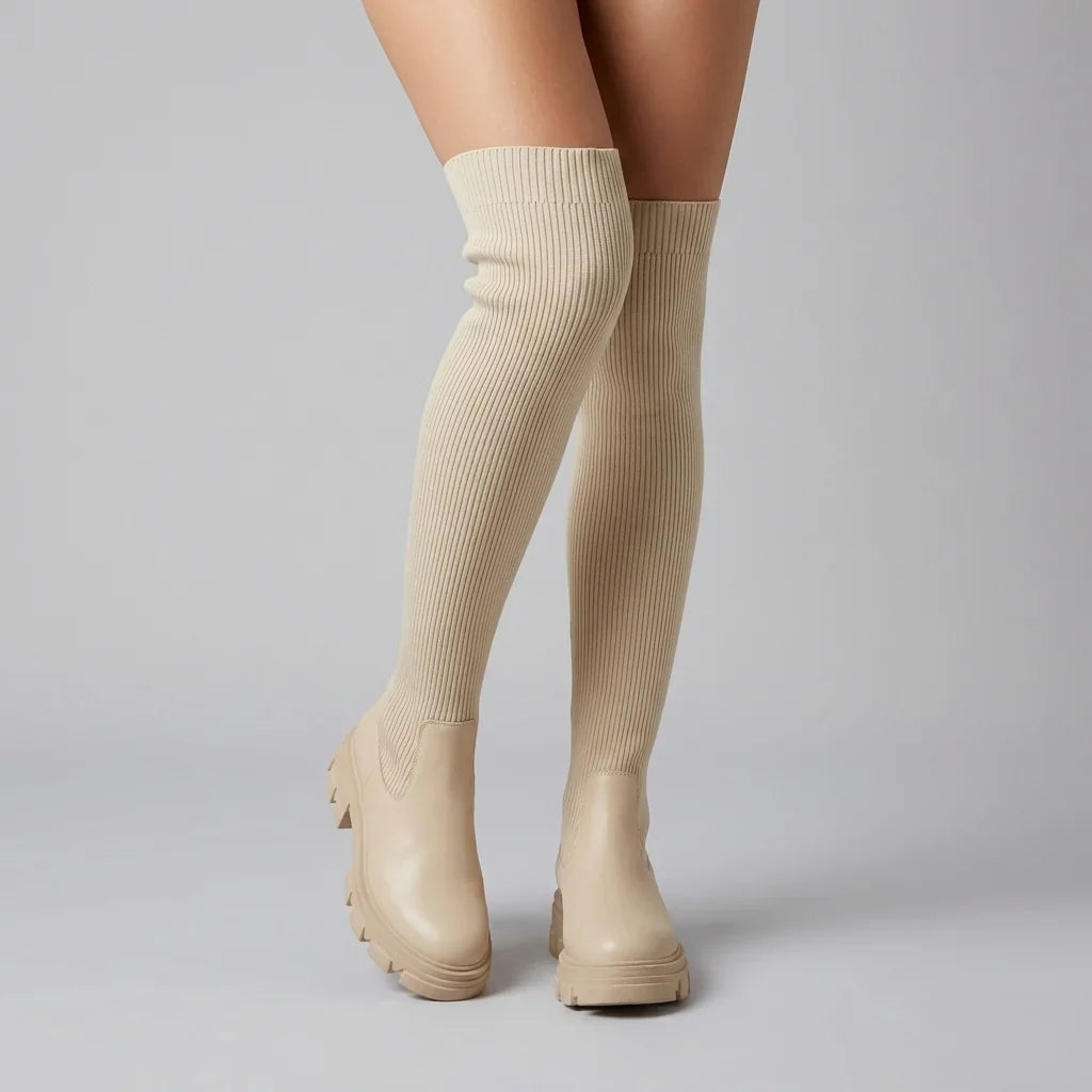 Knee High Boots For Women | Ribbed Knit Vegan Leather Lug Sole Zipper