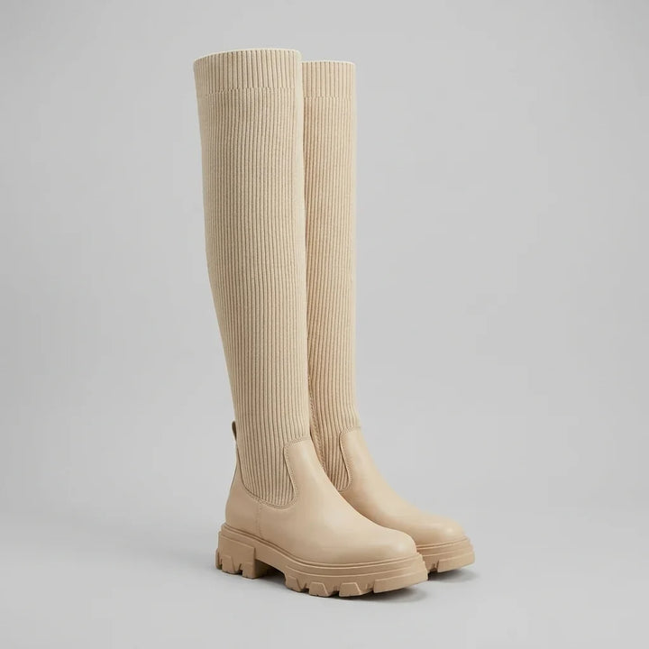 Knee High Boots For Women | Ribbed Knit Vegan Leather Lug Sole Zipper