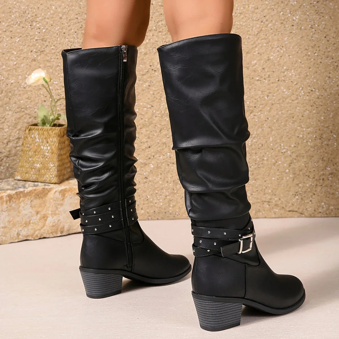 Knee High Boots For Women | Slouch Ruched Block Heel Studded Buckle