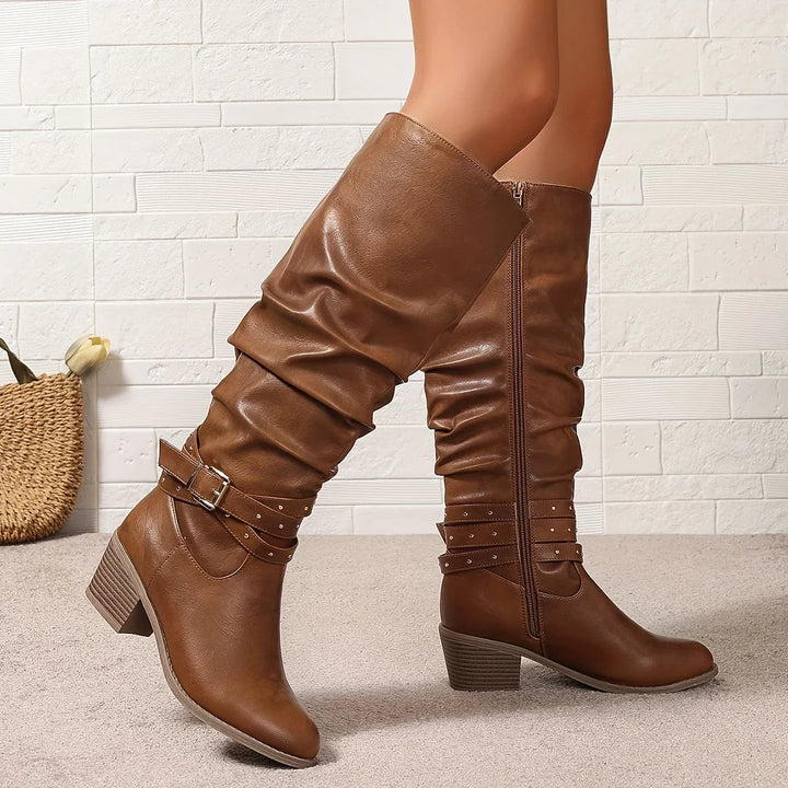 Knee High Boots For Women | Slouch Ruched Block Heel Studded Buckle
