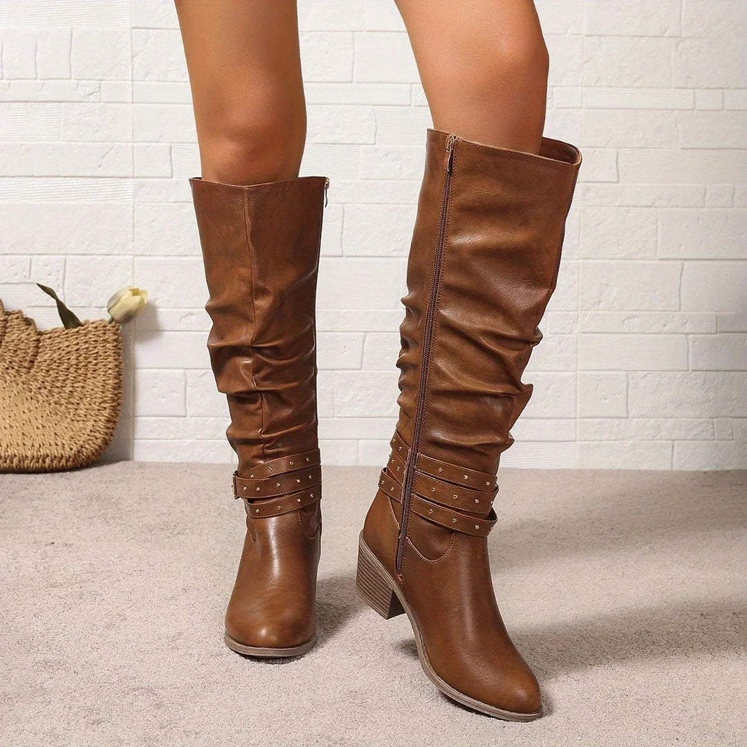 Knee High Boots For Women | Slouch Ruched Block Heel Studded Buckle