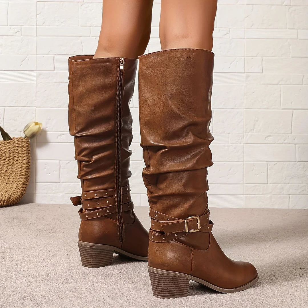 Knee High Boots For Women | Slouch Ruched Block Heel Studded Buckle