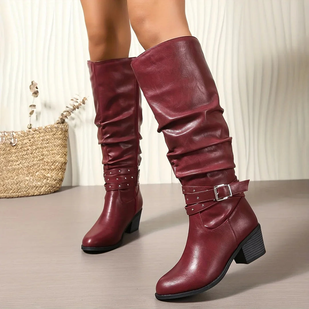 Knee High Boots For Women | Slouch Ruched Block Heel Studded Buckle