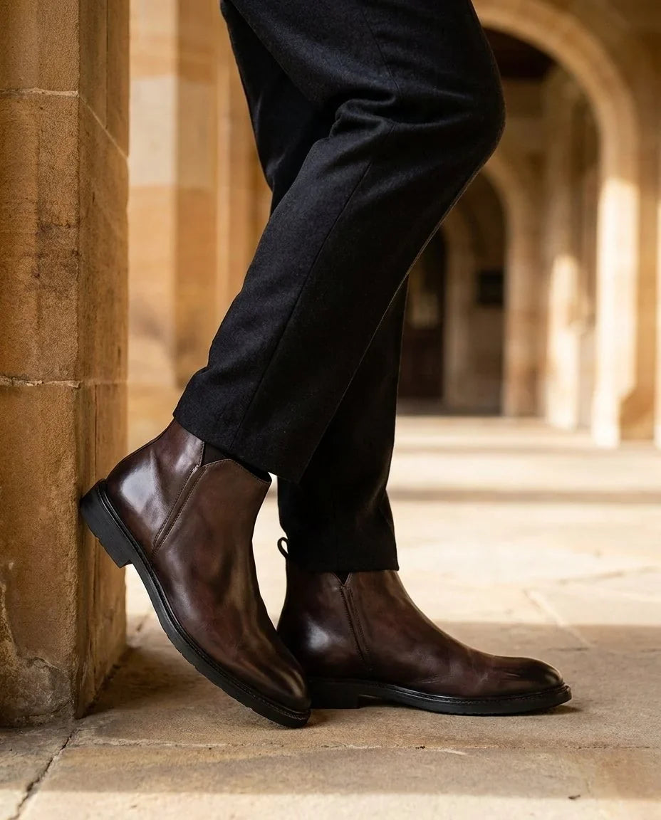 Leather Boots For Men | Chelsea Elastic Side Block Heel