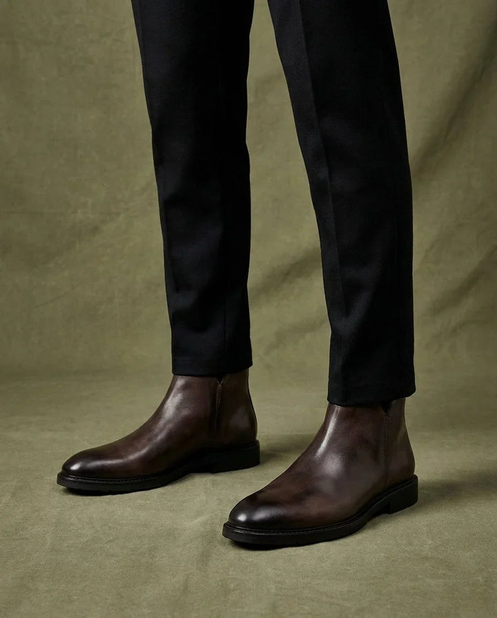 Leather Boots For Men | Chelsea Elastic Side Block Heel