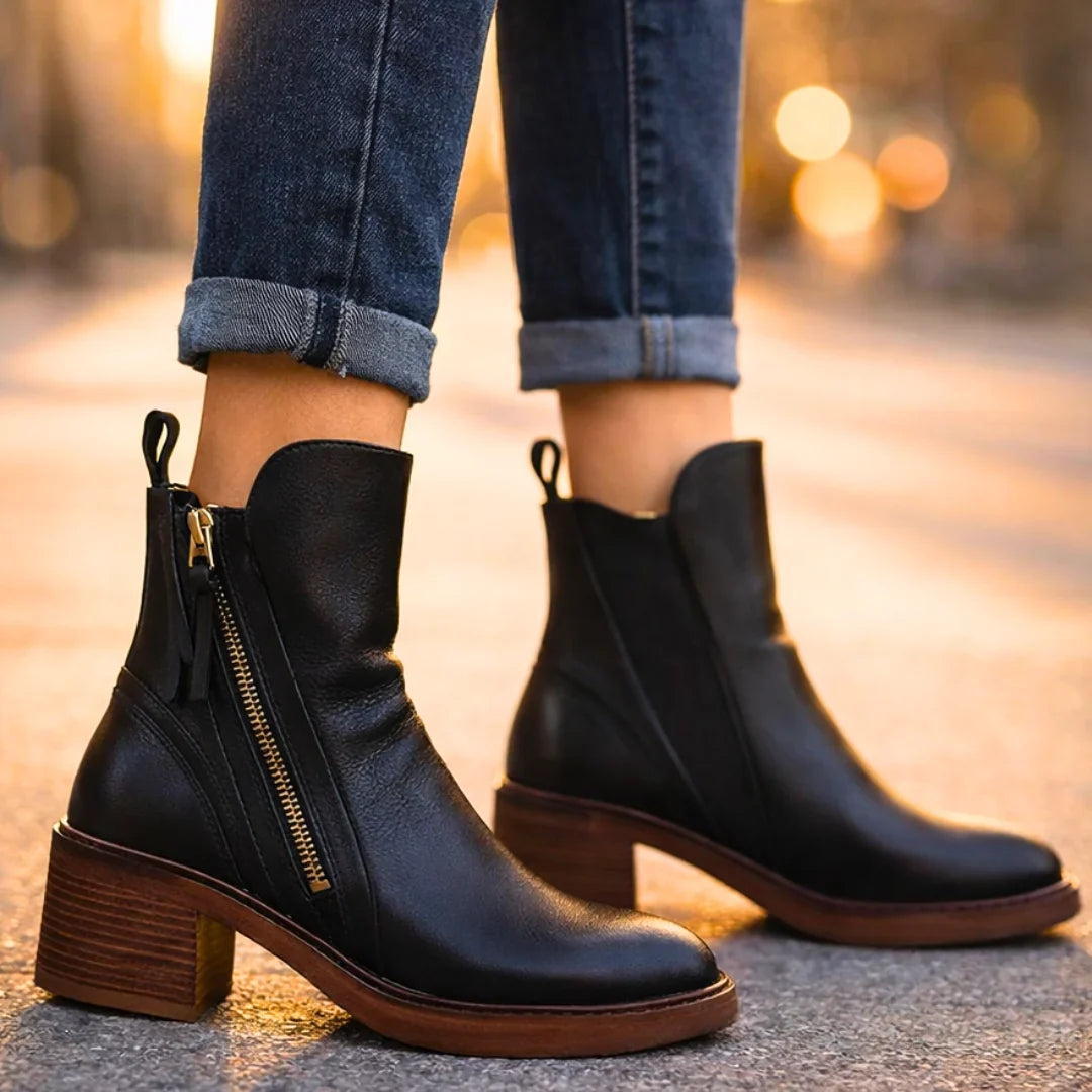 Leather Boots For Women | Ankle Side Zip Block Heel