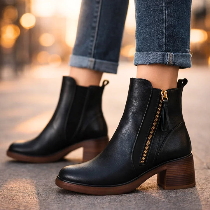 Leather Boots For Women | Ankle Side Zip Block Heel