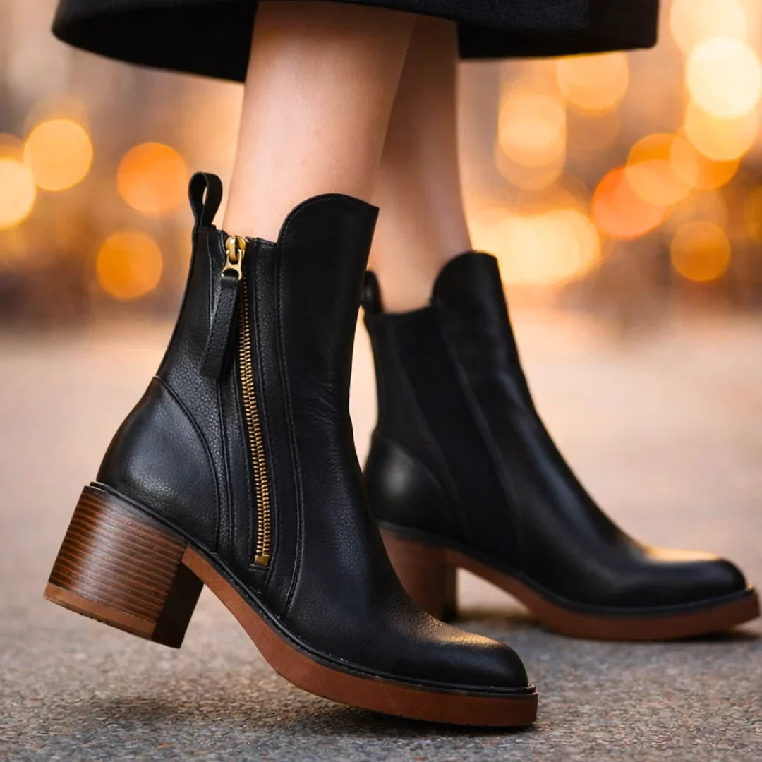 Leather Boots For Women | Ankle Side Zip Block Heel