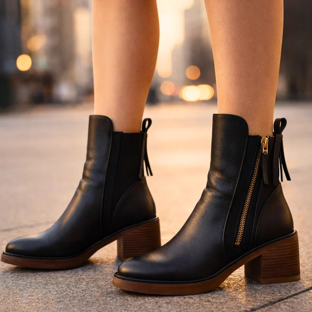 Leather Boots For Women | Ankle Side Zip Block Heel