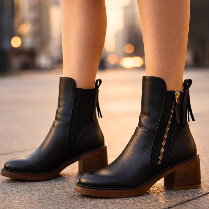 Leather Boots For Women | Ankle Side Zip Block Heel